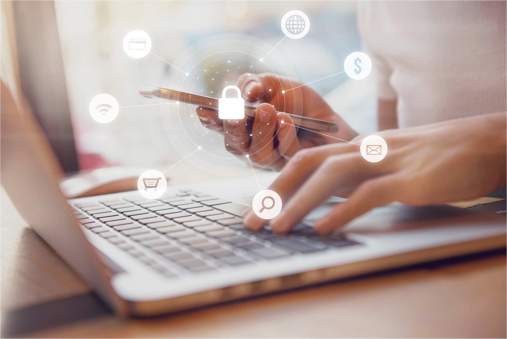 Person using a laptop and a credit card, surrounded by digital security icons.
