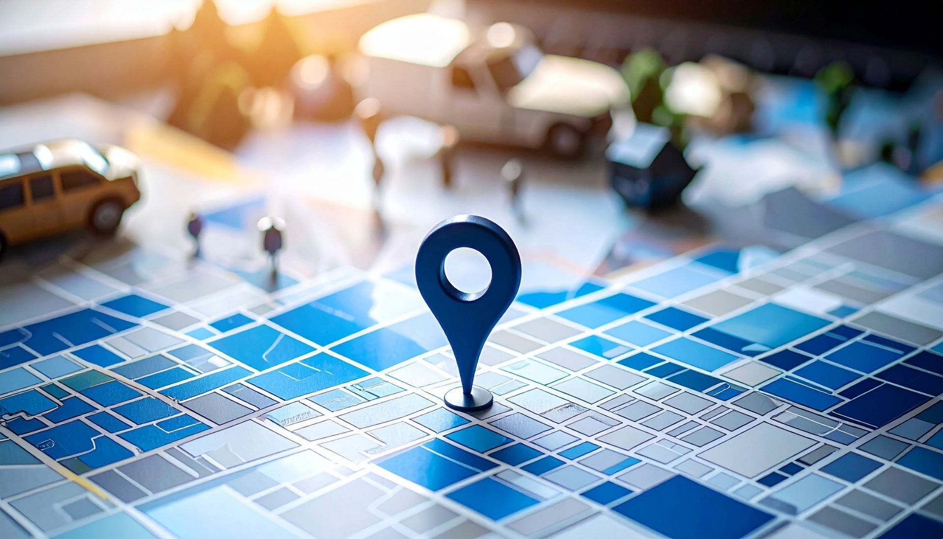 Blue map pin on a blue-toned map with miniature toy vehicles and buildings.