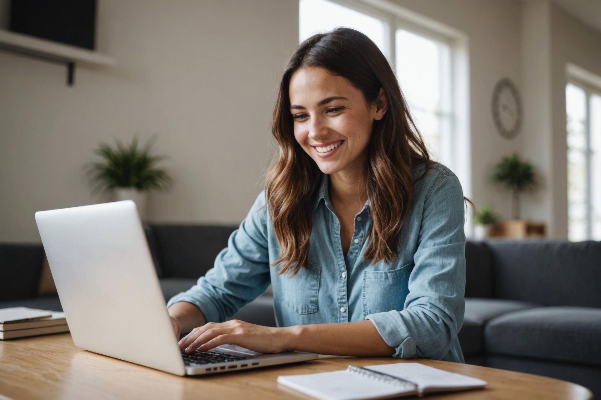 Woman smiling while using laptop at a table in a bright living room.