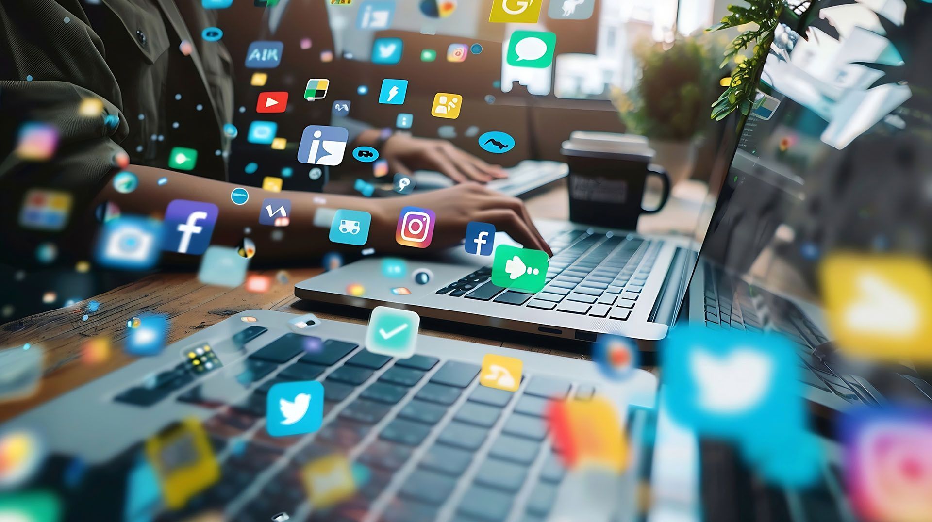 A person is typing on a laptop computer surrounded by social media icons.