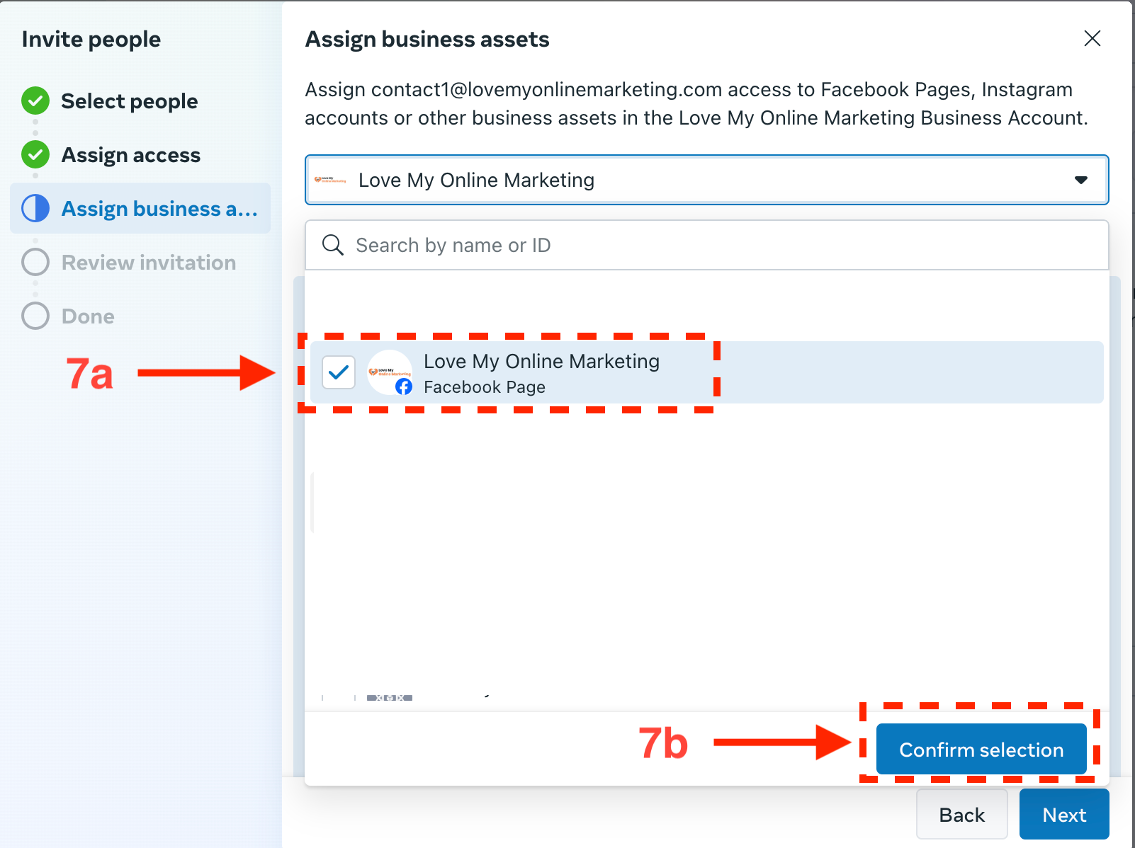 Assign business assets and Confirm selection