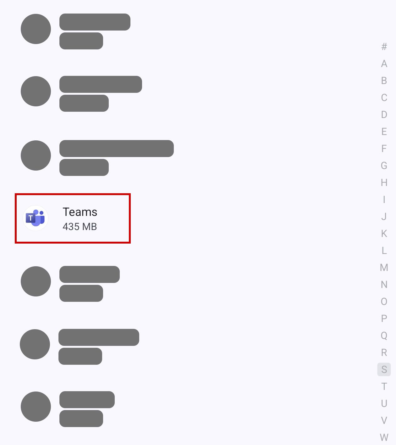 An image of the Team's app on Android settings