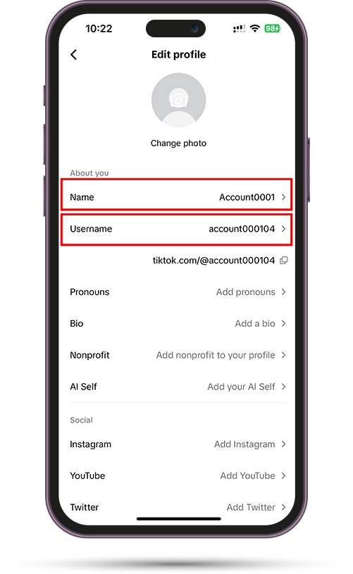 your name and username on TikTok