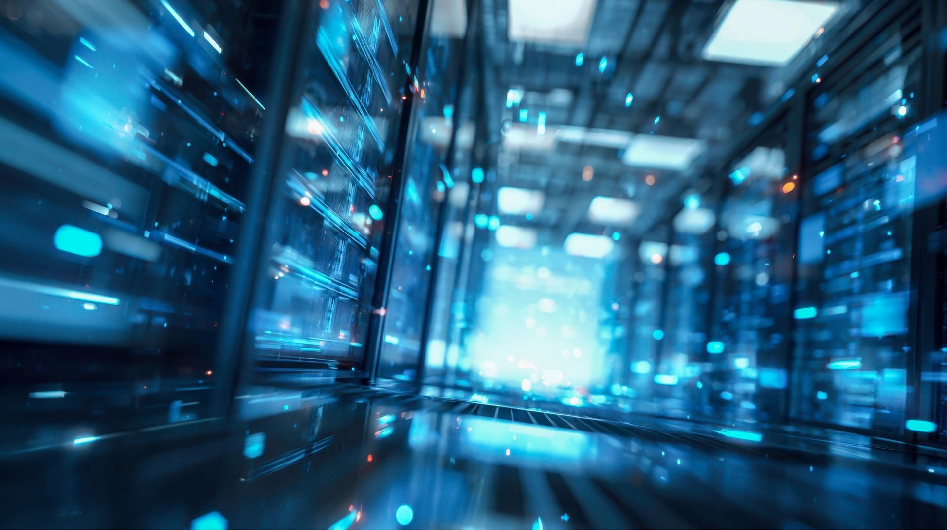 Server room with blue glowing lights. Data center with computer racks, hallway perspective.