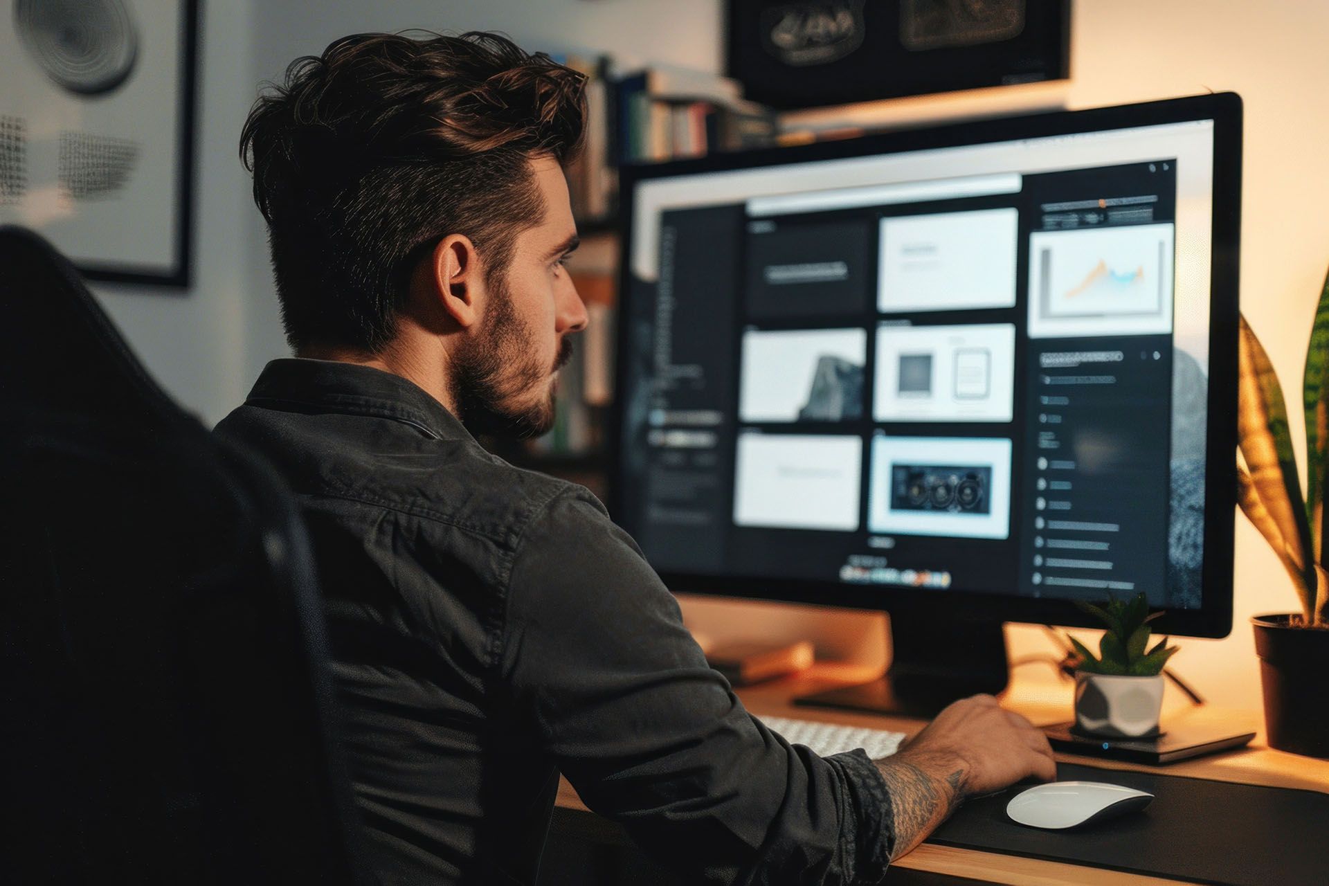 A man is sitting at a desk using a computer.