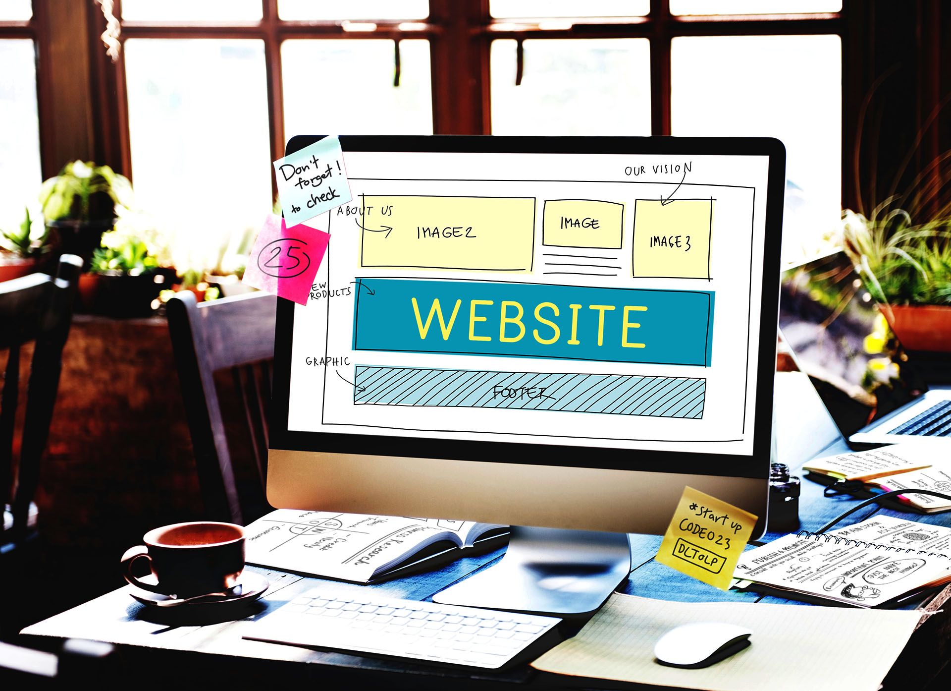 A computer is sitting on a desk with a website on the screen.