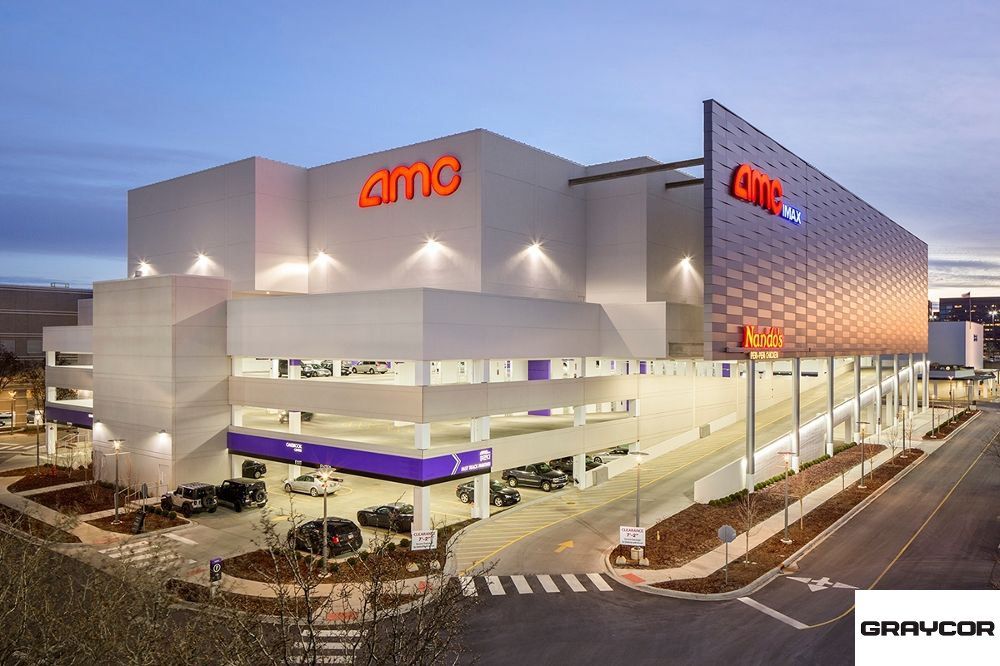 A large building with the word amc on it