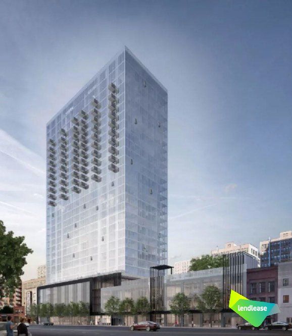 An artist 's impression of a tall building with a green landlease logo