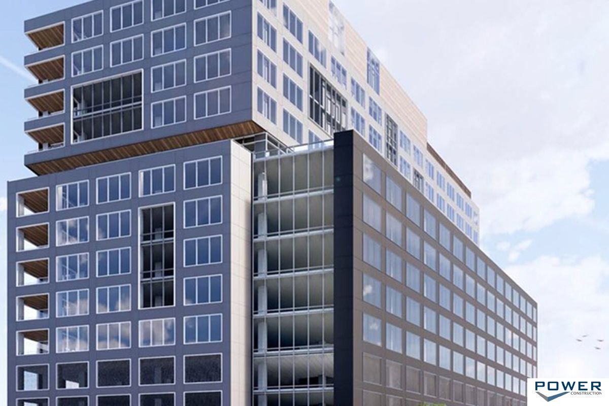 An artist 's impression of a large building with the word power on the bottom