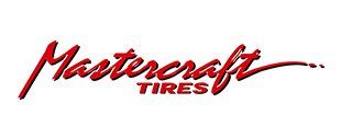 A red logo for mastercraft tires on a white background.