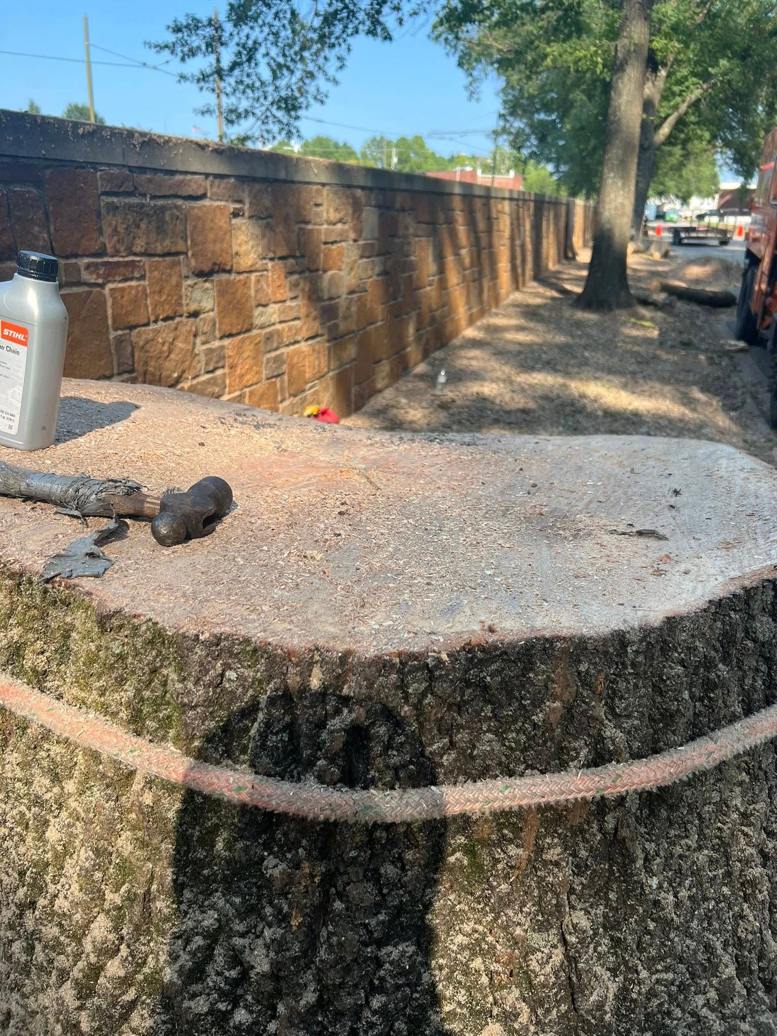 A chainsaw on a stump with a stone wall and gravel path in the background.