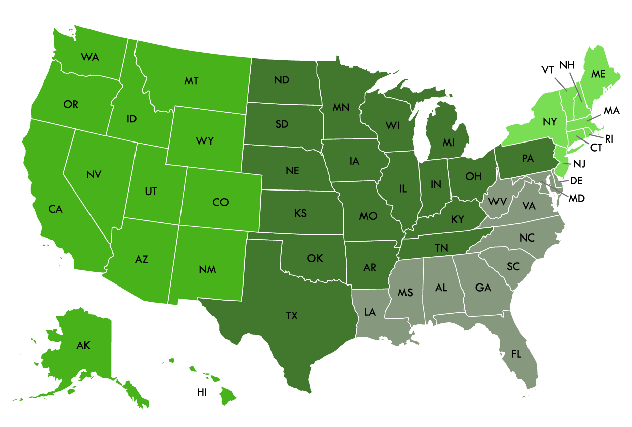 Map of the United States with states color-coded in shades of green, with three distinct regional groupings.