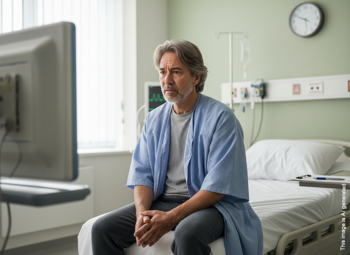 Man in hospital bed looking somber, wearing blue patient gown, room with medical equipment.