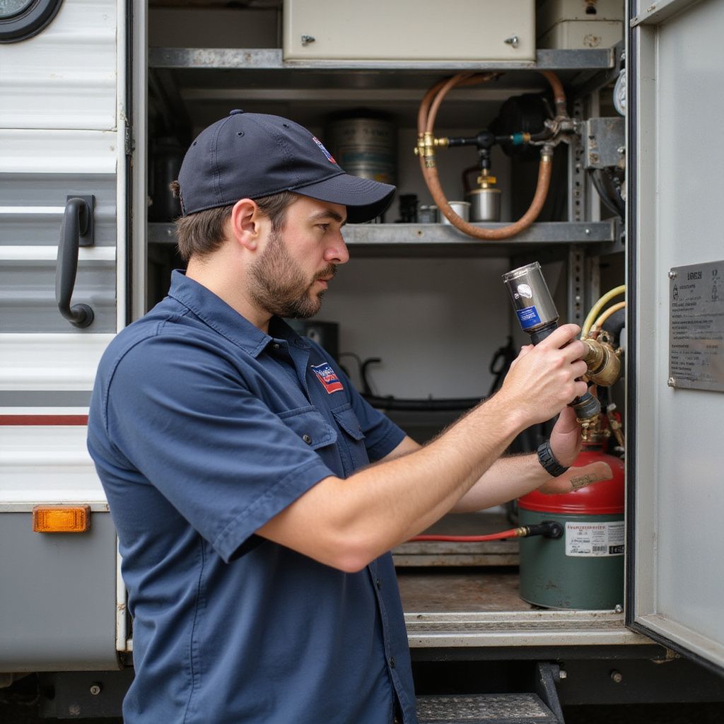 Man in blue shirt and cap working on a RV's propane system, holding a tool.