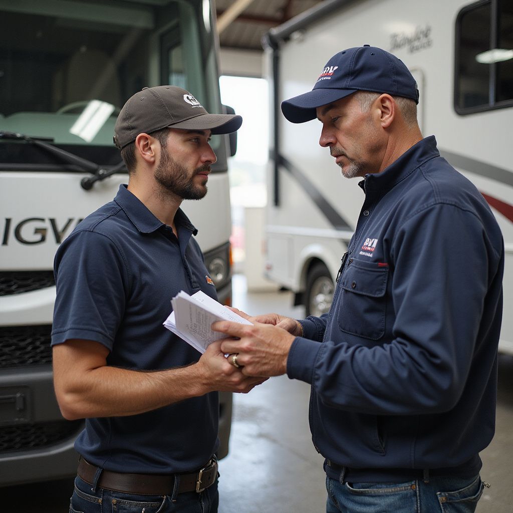 Two men in caps and uniforms reviewing documents near RVs in a garage.