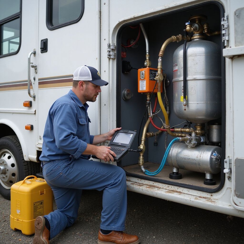 Man kneels near RV, using a laptop to inspect equipment in a compartment. Yellow container sits nearby.