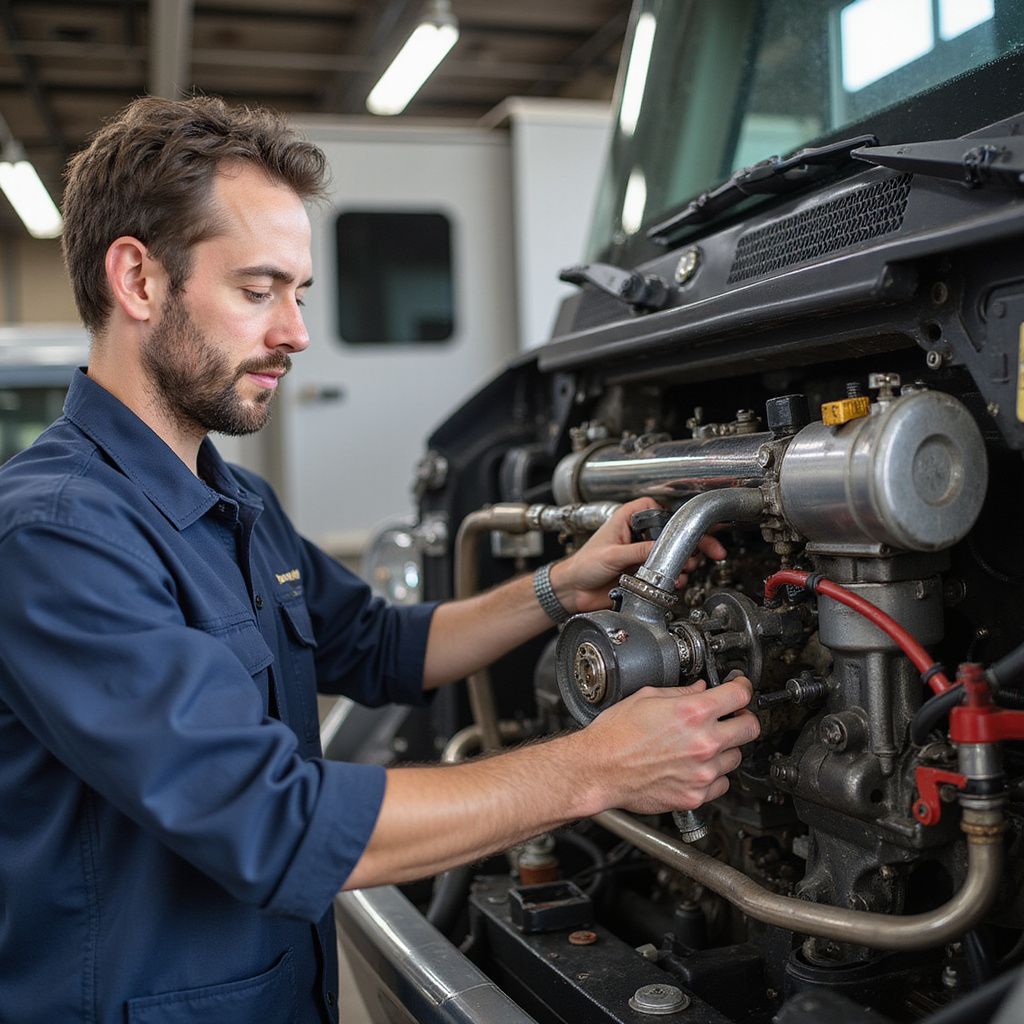 Mechanic in blue jumpsuit works on a truck engine in a garage.