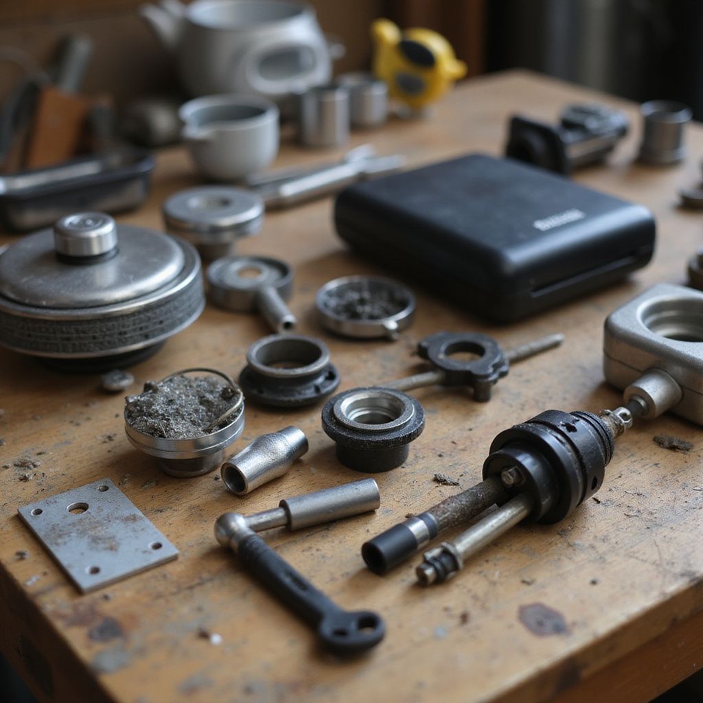 Various metal machine parts and tools scattered on a wooden workbench.