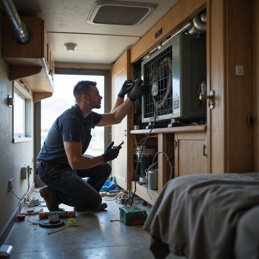 Mechanic repairs HVAC unit inside camper; kneeling, wearing gloves. Wires and tools on the floor.