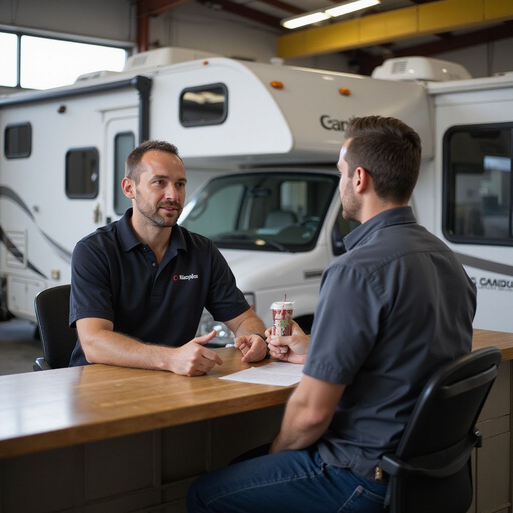 Two men at a desk in RV shop, talking. RV in background. One holds coffee.
