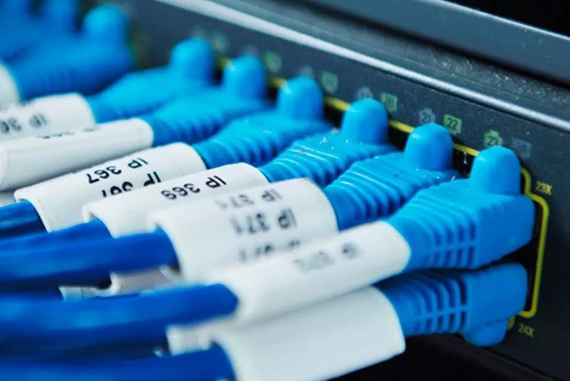 Um monte de cabos azuis e brancos estão conectados a um interruptor.