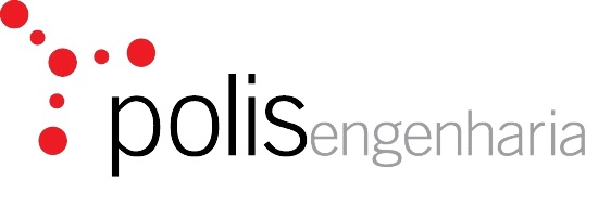 Um logotipo para a polis engenharia com pontos vermelhos em um fundo branco