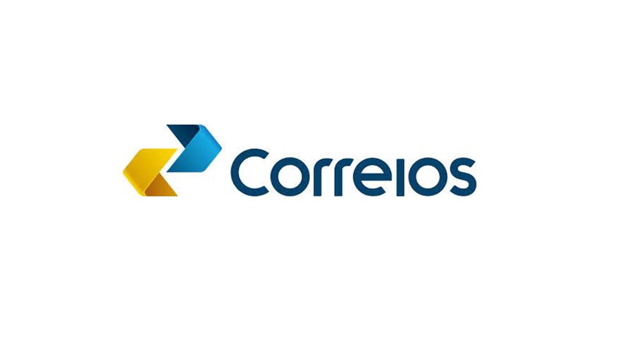 O logotipo da Correios é azul e amarelo em um fundo branco.