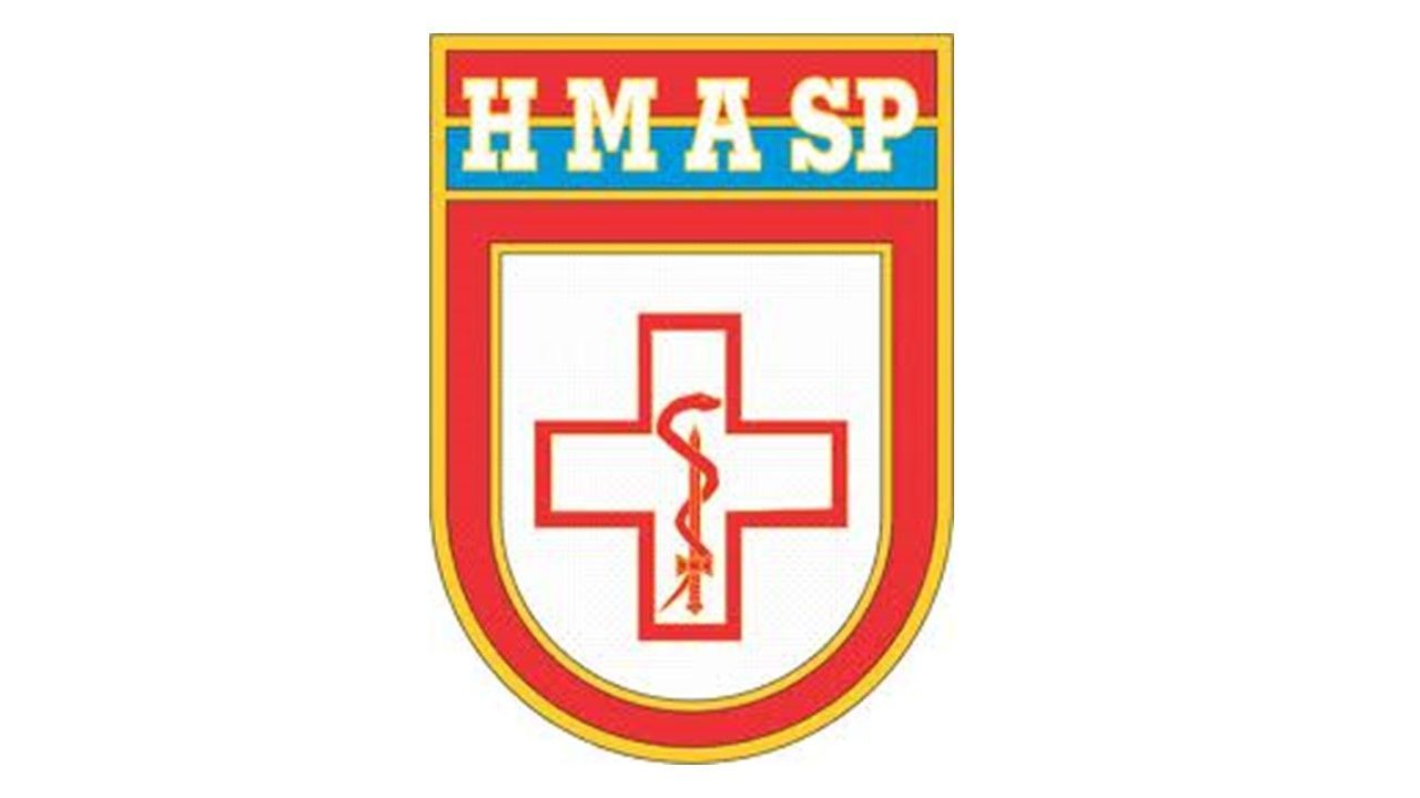 Um logotipo vermelho e branco com uma cruz e uma cobra.