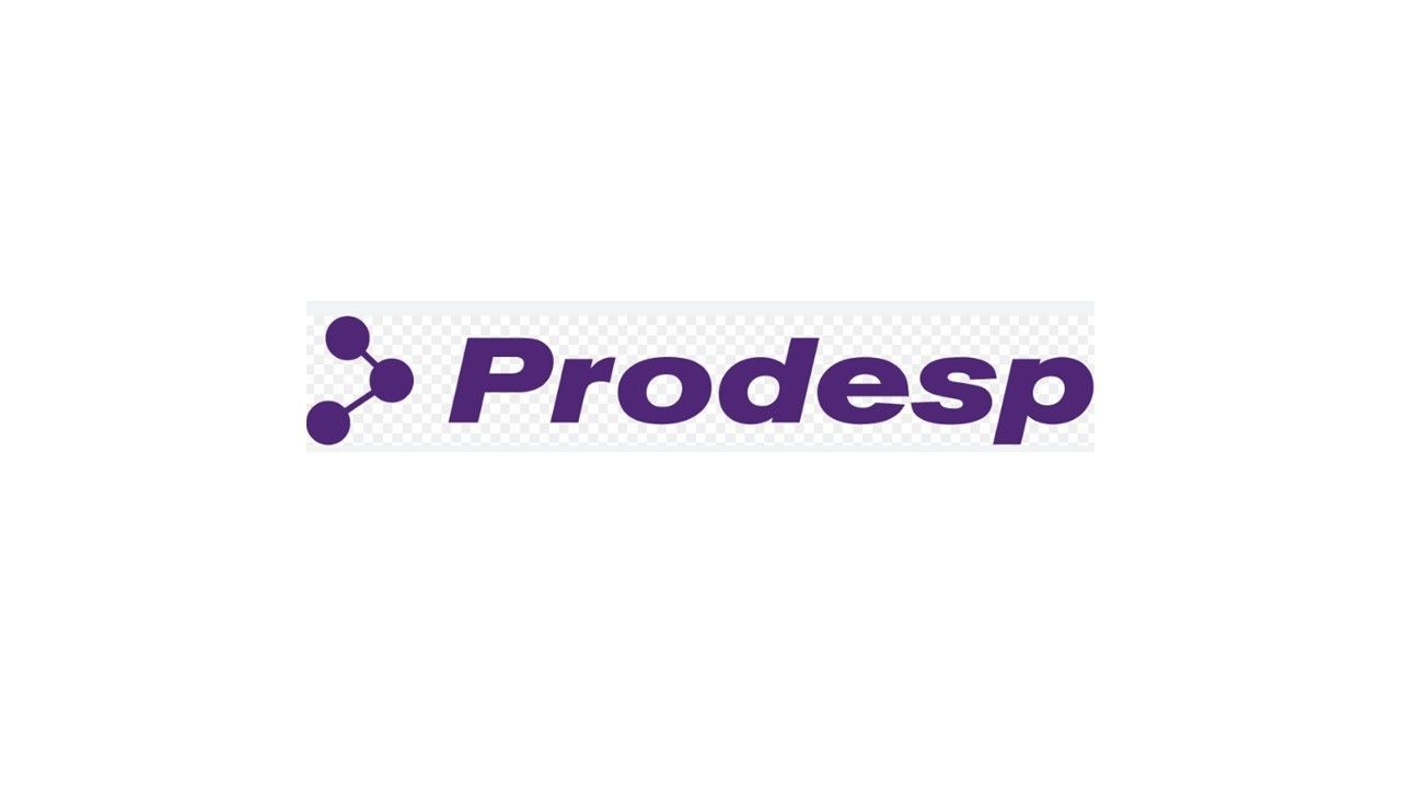 O logotipo do prodesp é roxo e branco em um fundo branco.