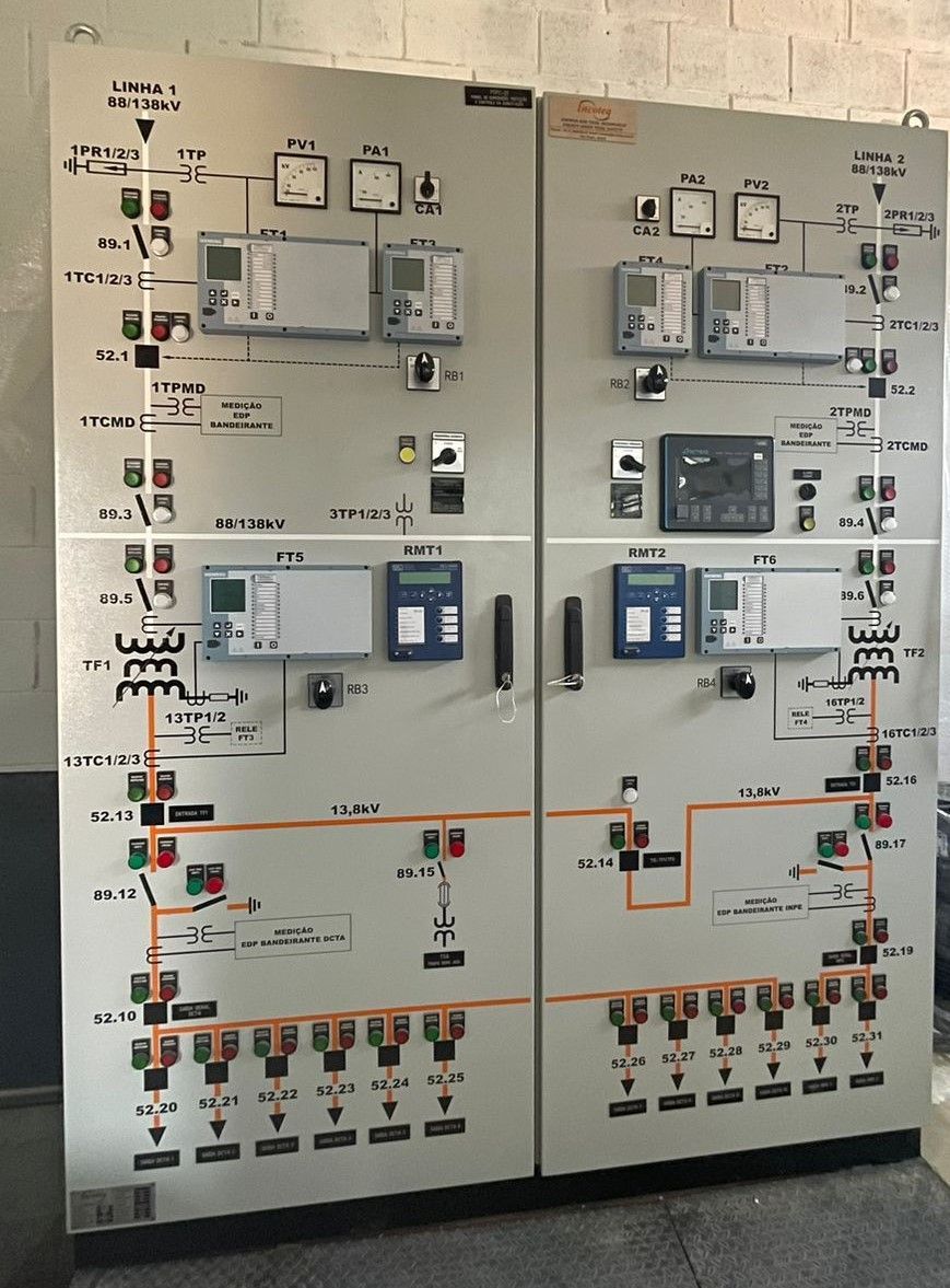 Um grande painel elétrico com muitos botões e interruptores