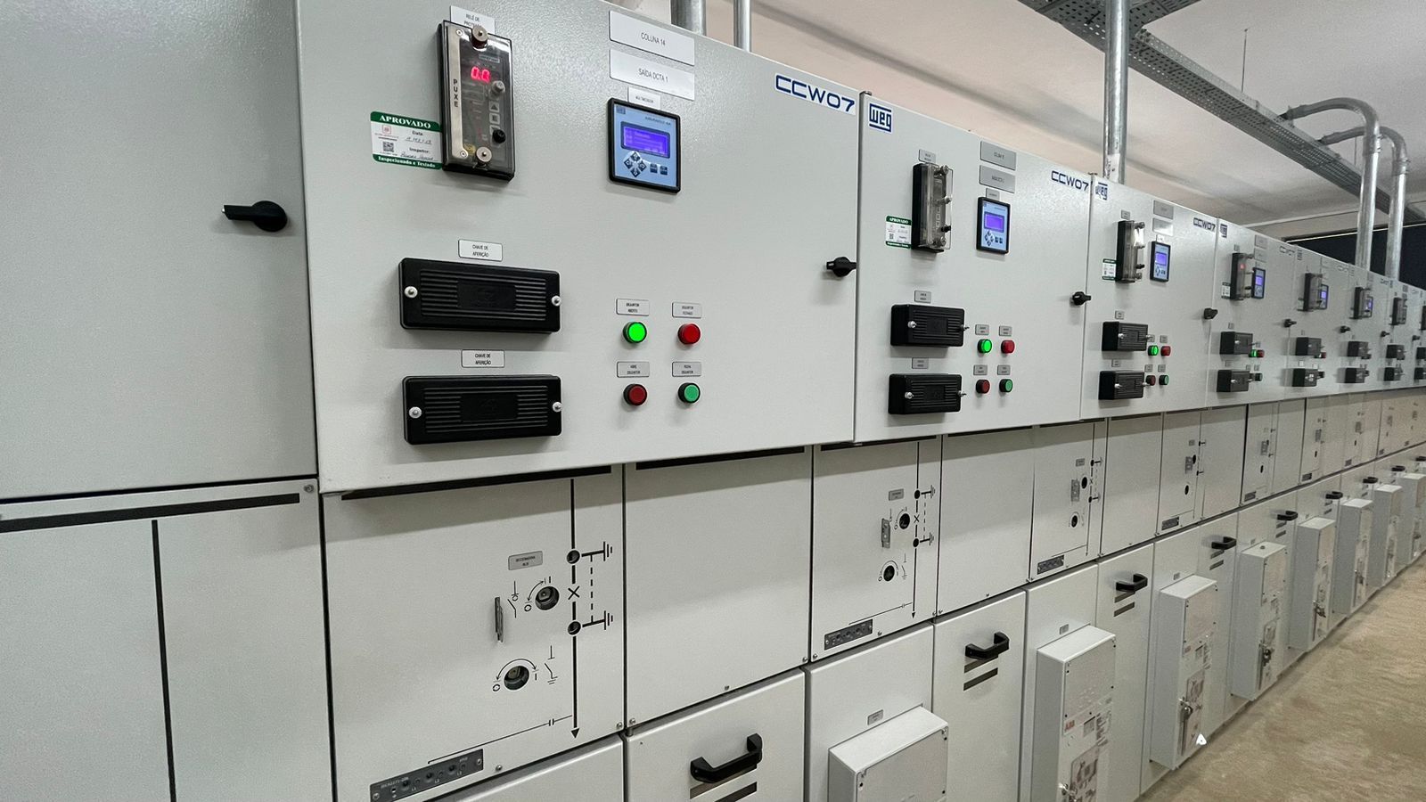 Uma fileira de painéis elétricos dispostos um ao lado do outro em uma sala.