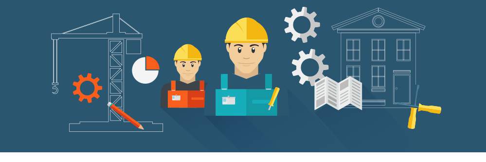 Um grupo de trabalhadores da construção civil estão de pé, um ao lado do outro, em um fundo azul.
