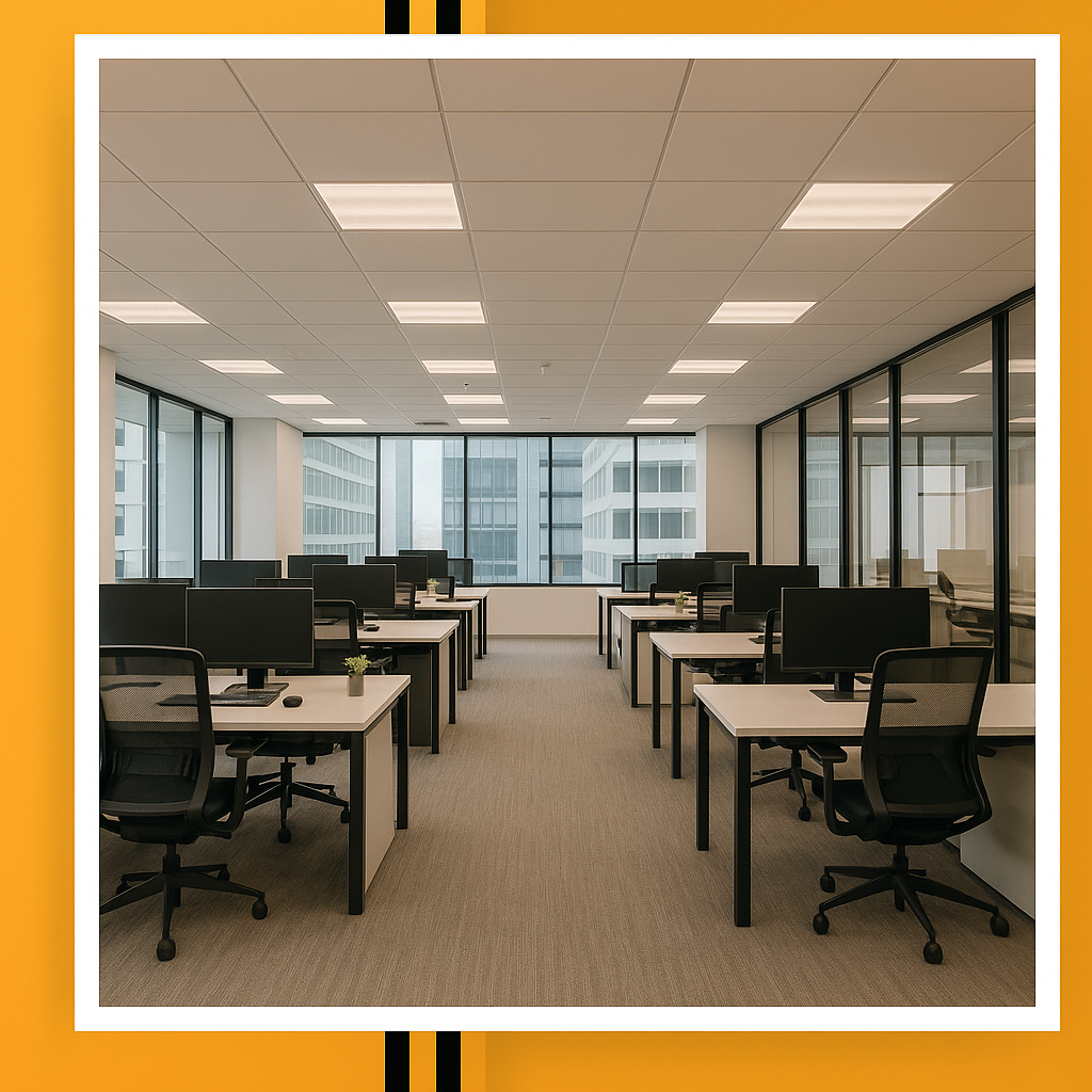 Office space with rows of desks, chairs, computers, and windows.