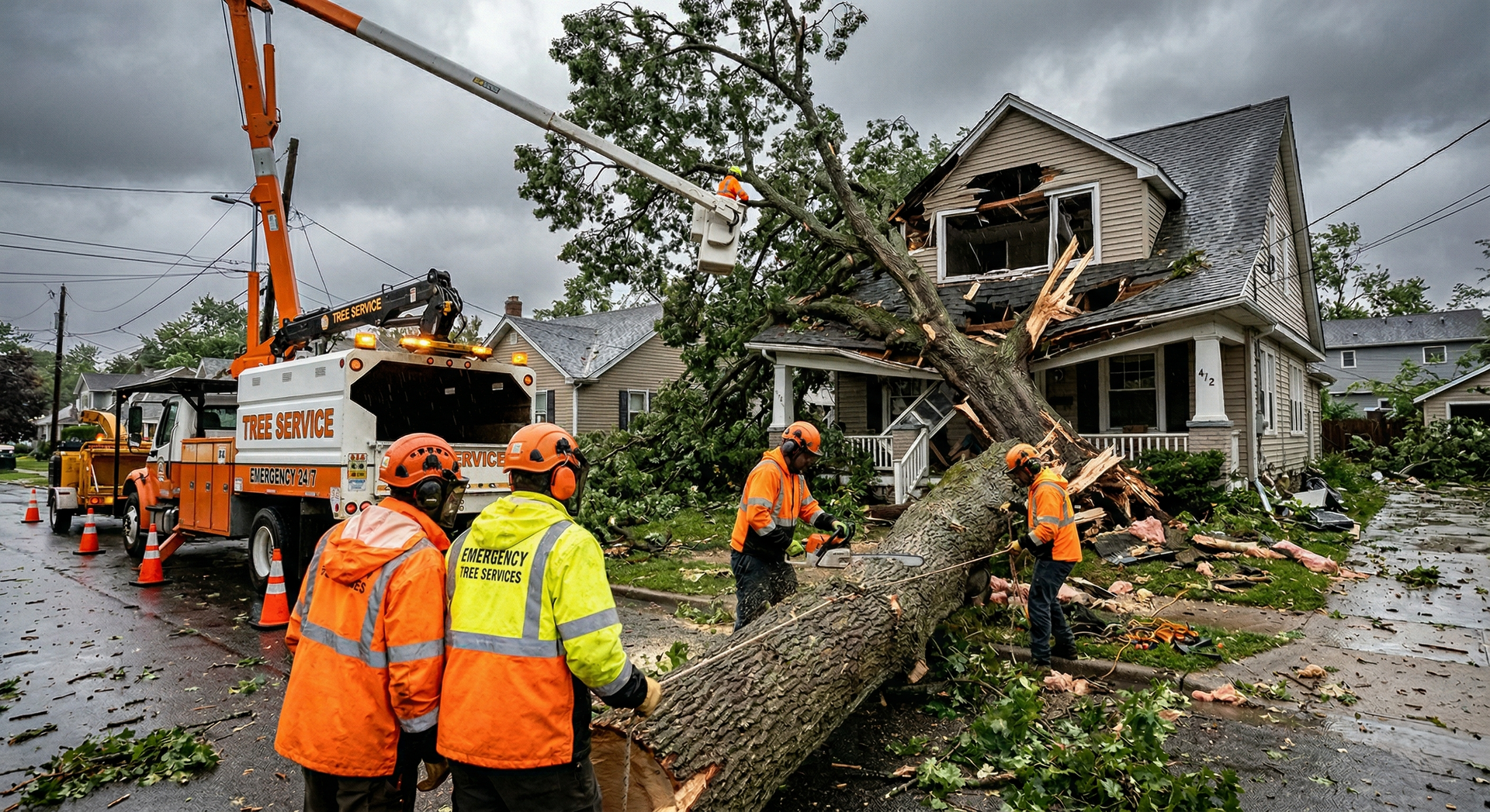 Utility workers in high-visibility gear work near a large tree that has fallen onto a house during a storm cleanup.