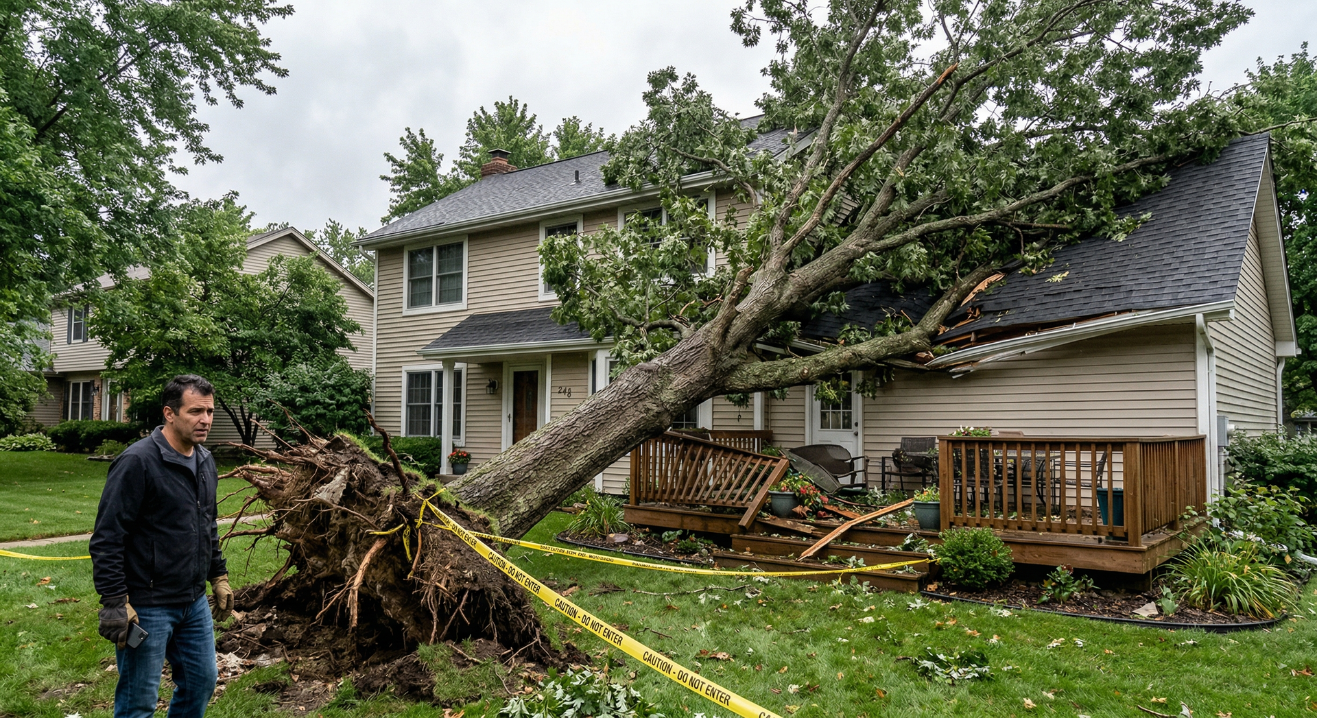A man walks past a large tree that has been uprooted and fallen onto the roof and wooden deck of a two-story house.