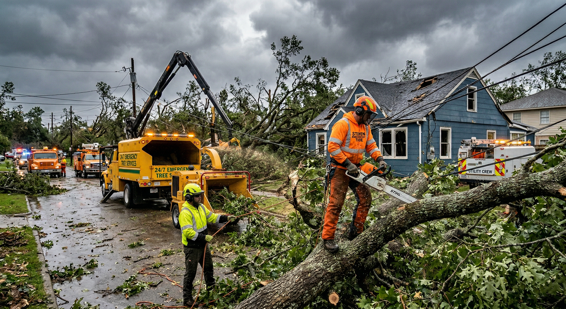 Emergency workers in high-visibility gear use a chainsaw to clear a downed tree near a damaged house after a storm.