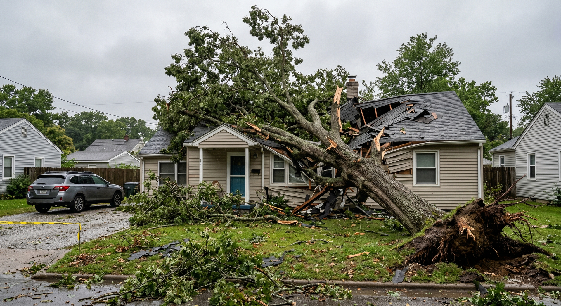 A large fallen tree rests on top of a single-story suburban house, causing significant roof damage after a storm.