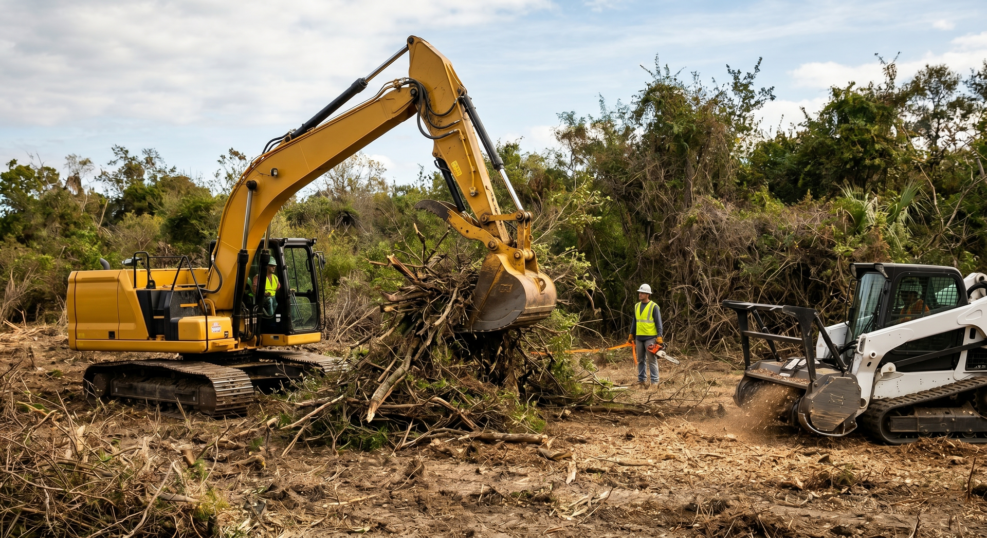 Excavator clearing brush beside a white loader, with a worker standing nearby in a dry field.