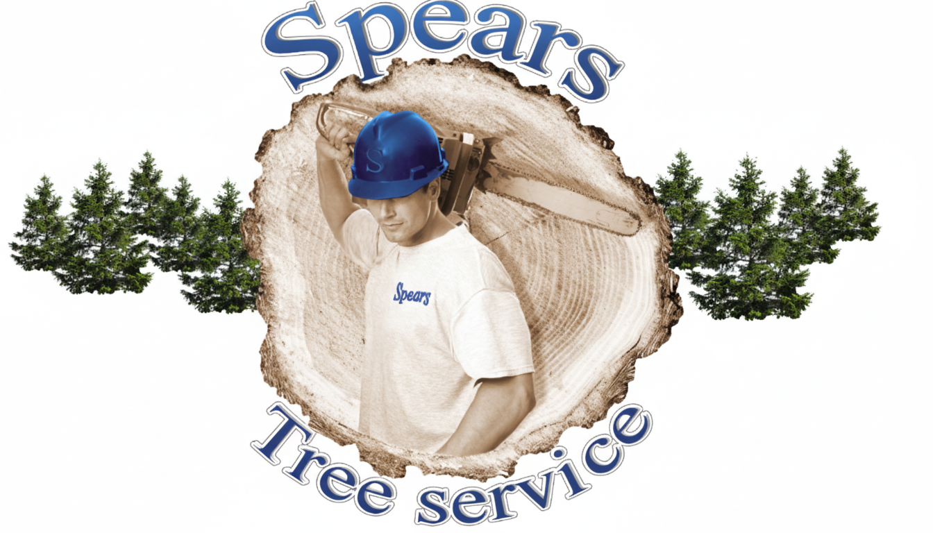 Spears Tree Service logo: man with chainsaw inside a wood slice, surrounded by trees.