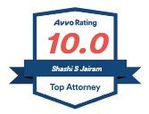 A badge that says avvo rating 10.0 shashi s jairam top attorney.