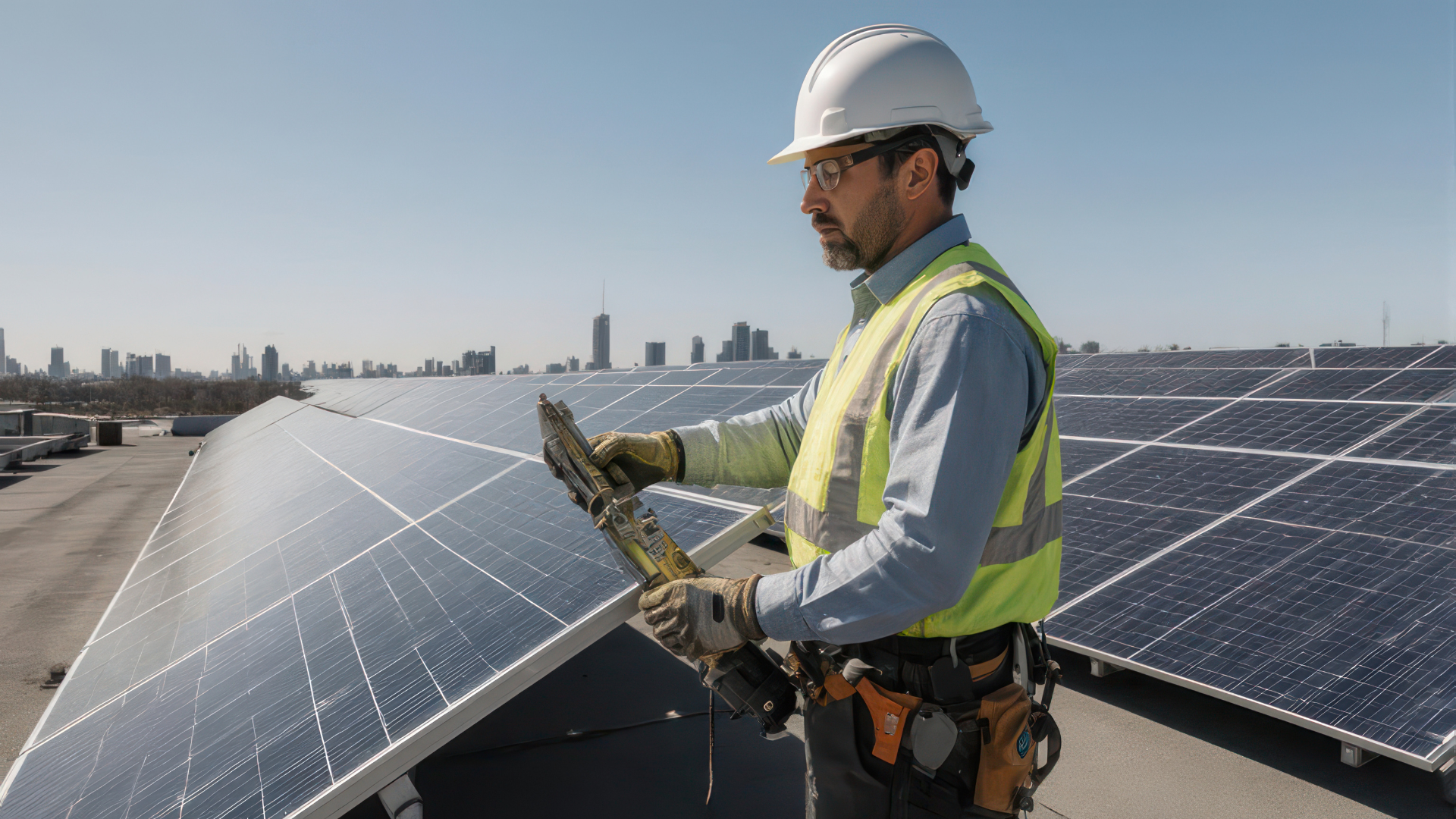 Solar panel technician on a rooftop, wearing a safety vest and helmet, inspecting panels, city skyline background.