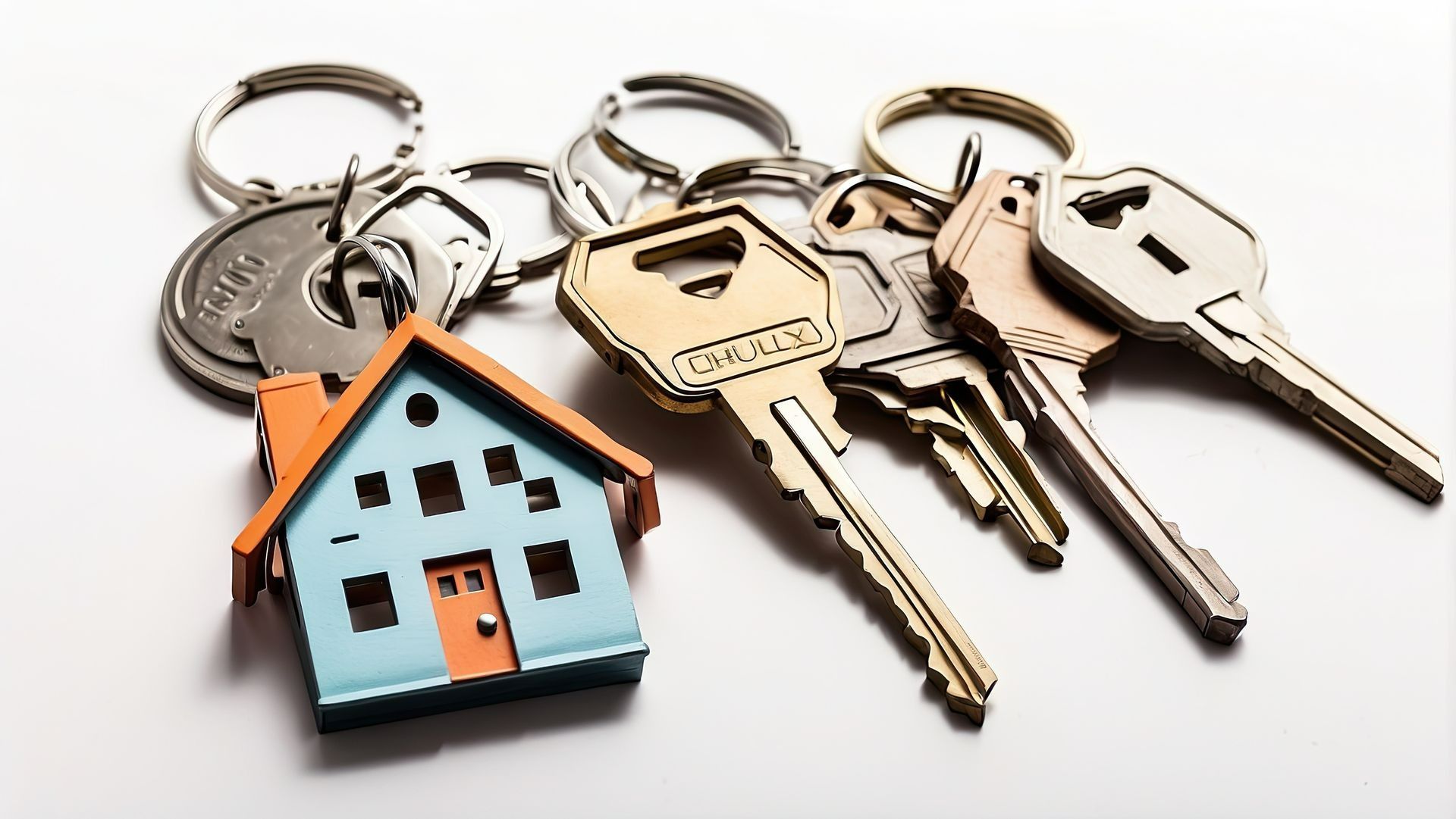 A keychain with a miniature light blue house charm and several metal keys against a white background.