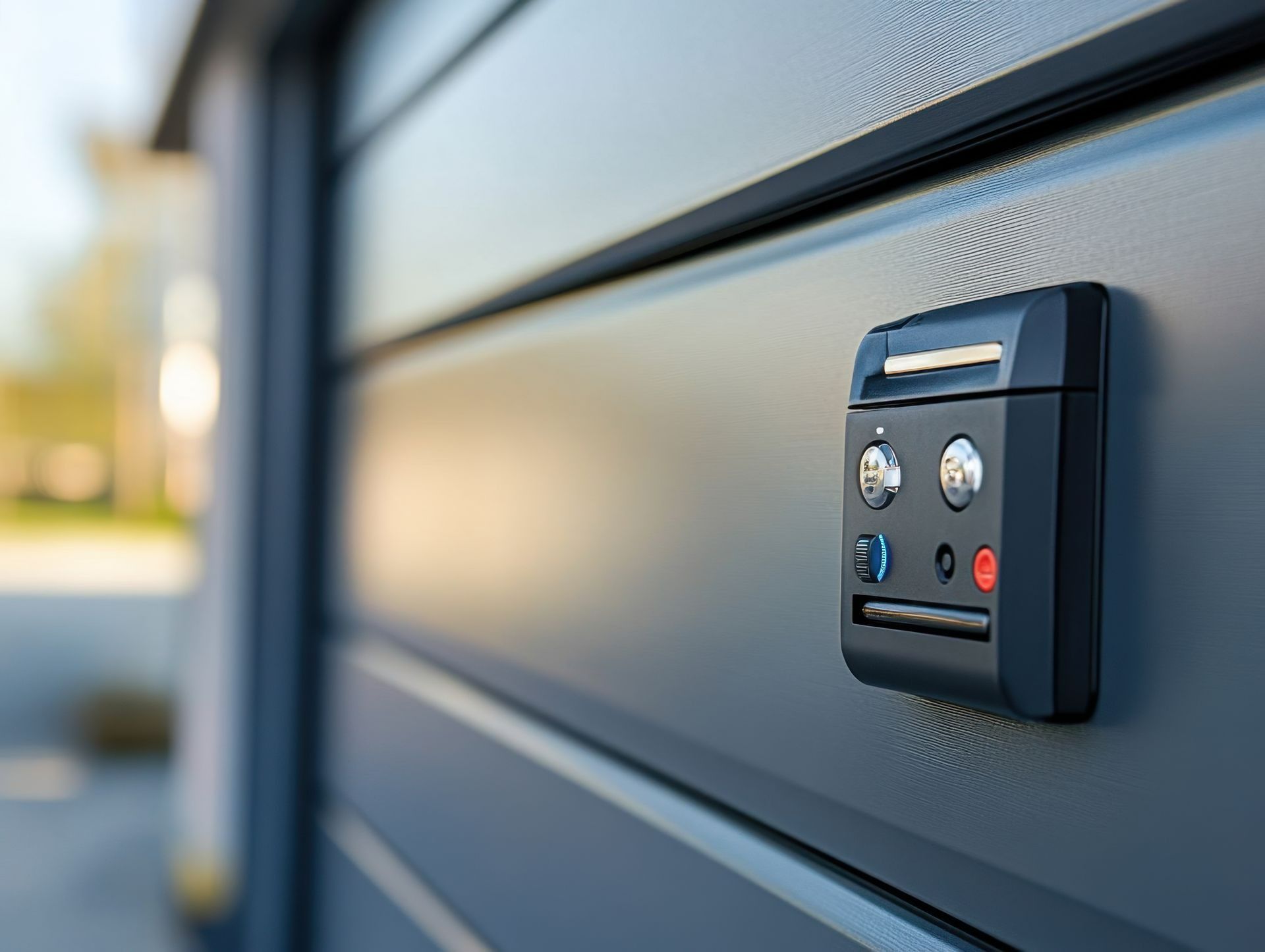 A dark gray wall-mounted electronic keypad and door release button installed on a dark gray panelled surface.