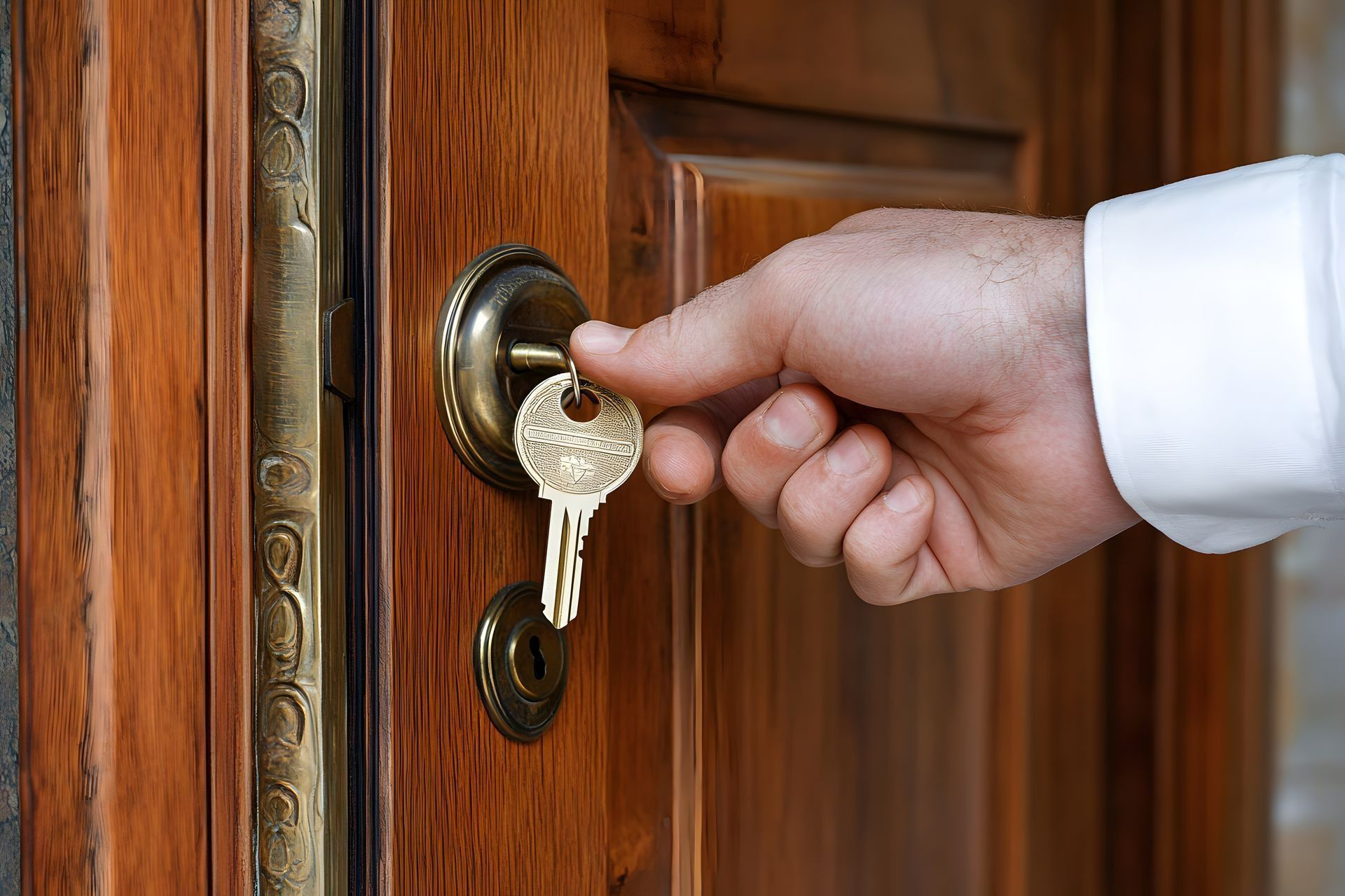 A hand in a white shirt sleeve inserts a gold key into the lock of a polished wooden door.