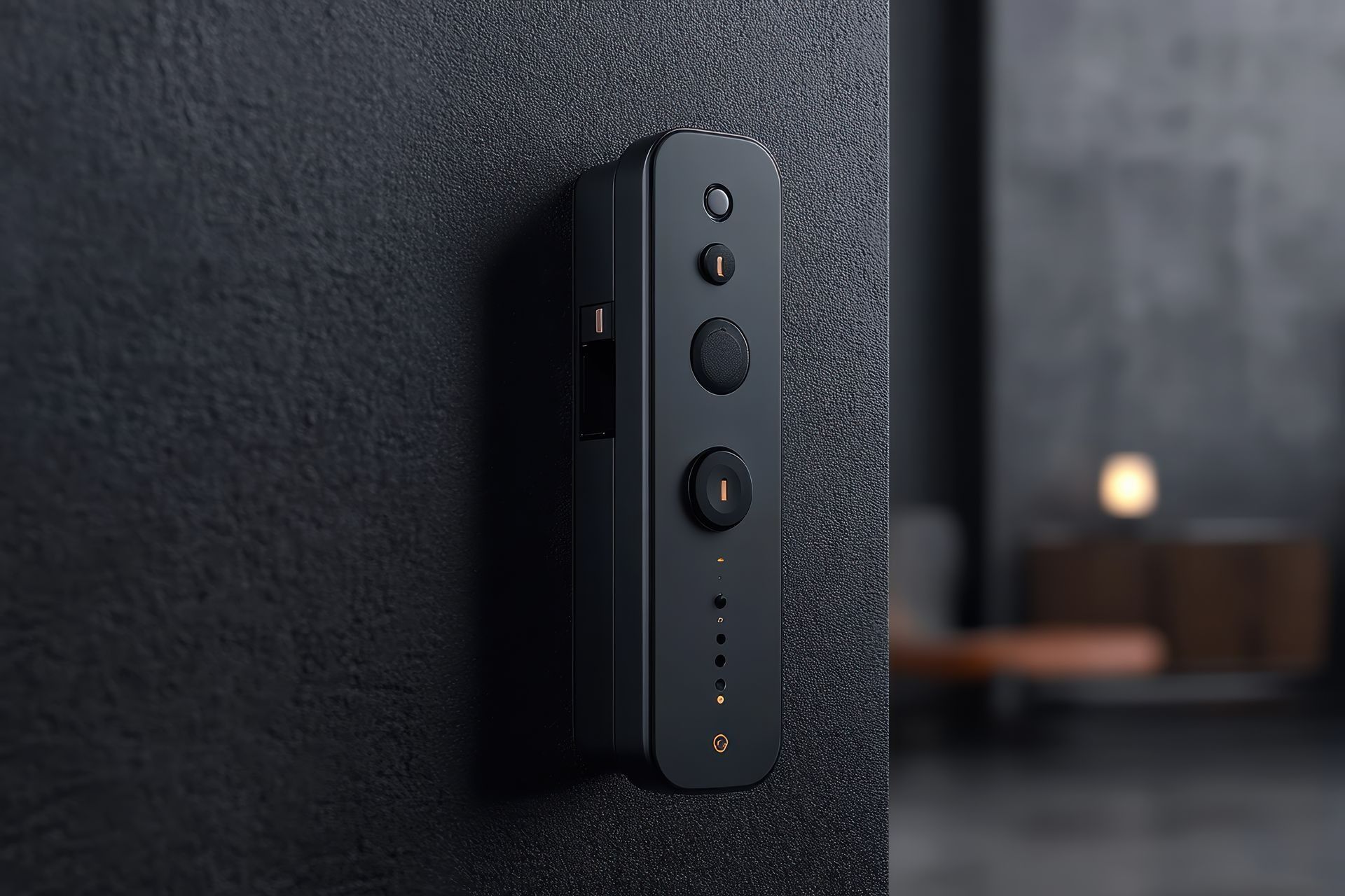 A black, vertical smart doorbell with a camera and multiple buttons, mounted on a dark textured wall in a dimly lit room.