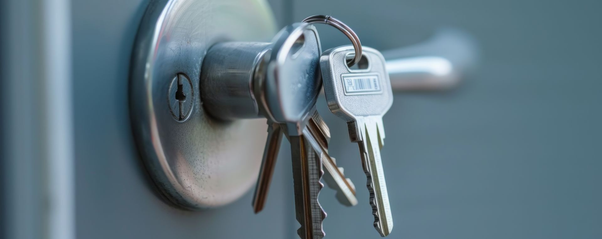 A set of metal keys hangs from a keyhole on a grey door.