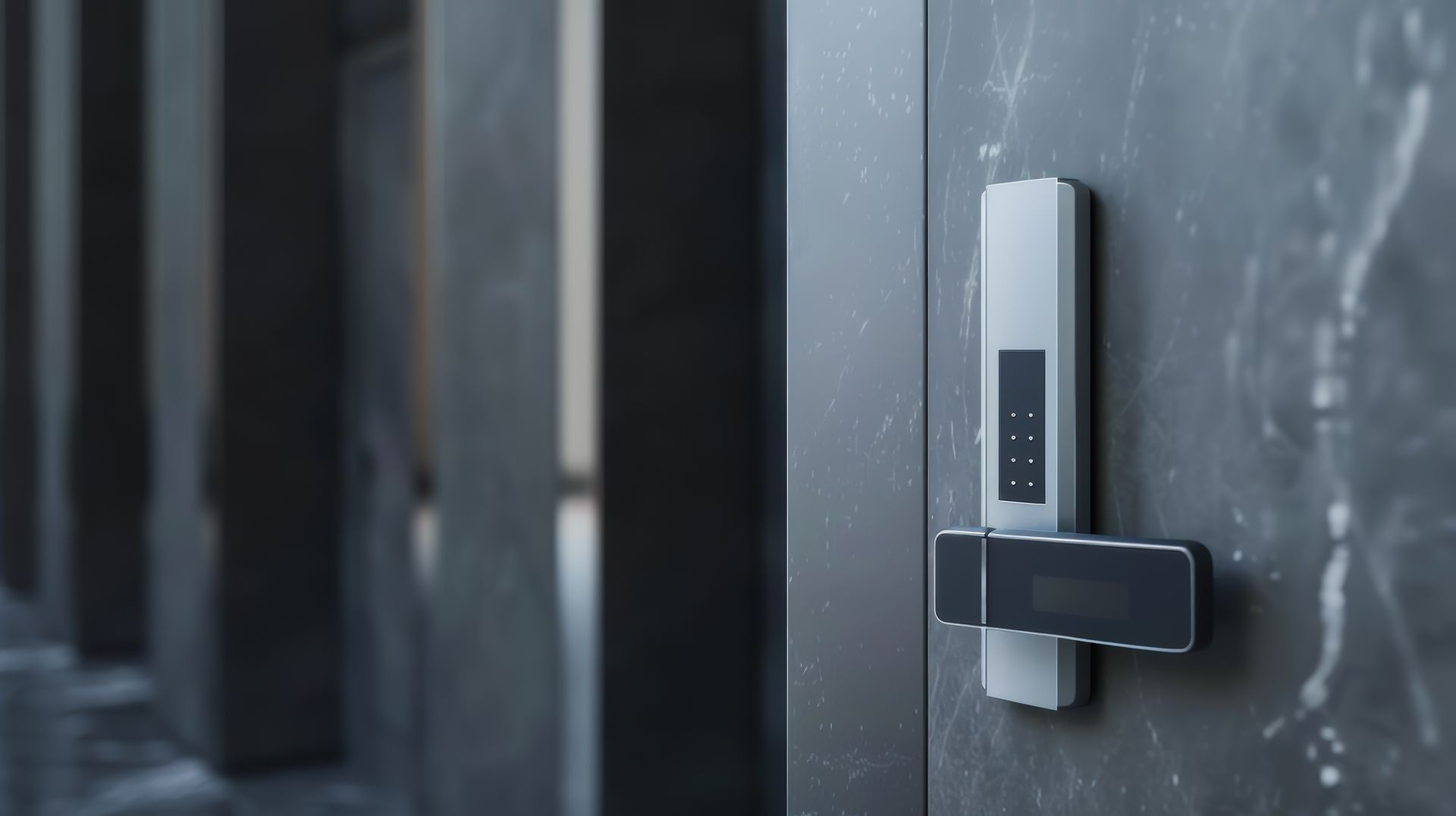 A modern, grey smart door lock with a digital keypad and handle mounted on a dark, textured door.