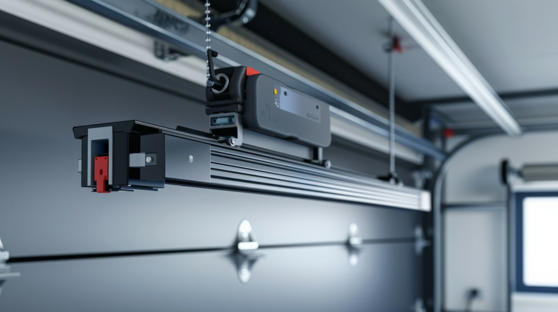 A modern black garage door opener mechanism mounted to the ceiling with a visible track and motor unit.