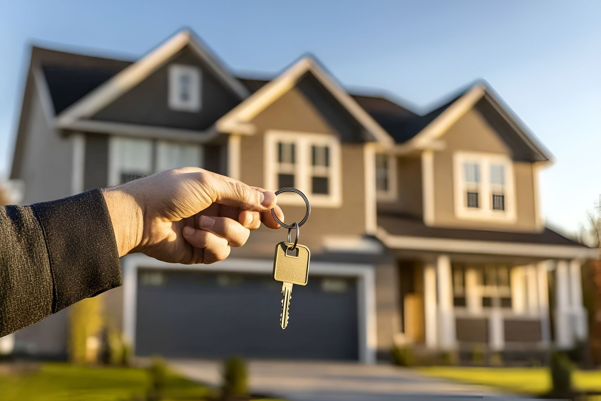 A hand holds up keys in front of a two-story suburban house.