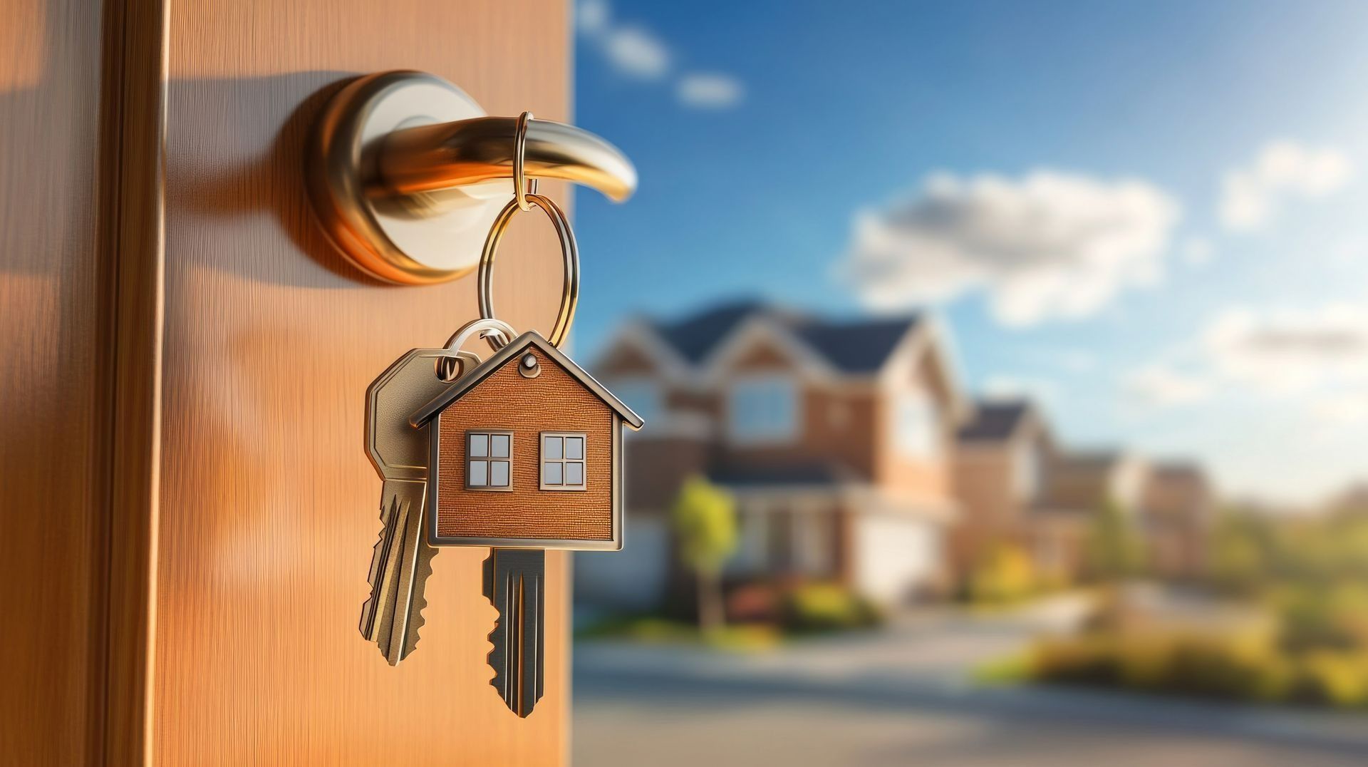 A house-shaped keychain with keys hangs from a wooden door handle, with blurred suburban homes in the background.